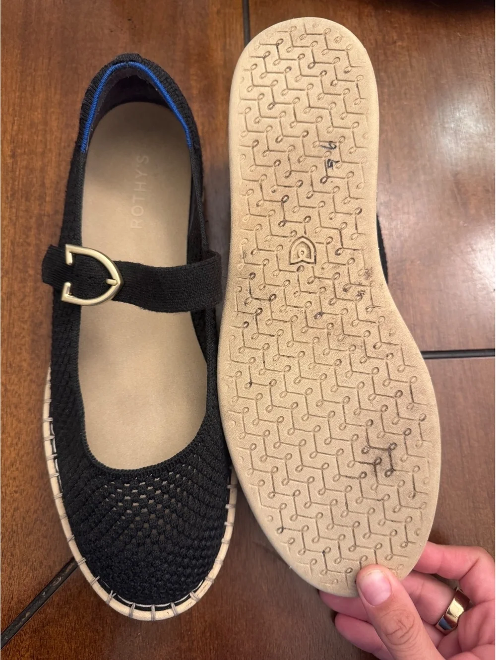 Rothy's Black Knit Espadrille Mary Jane Flats Size 12 Gold Buckle Sustainable